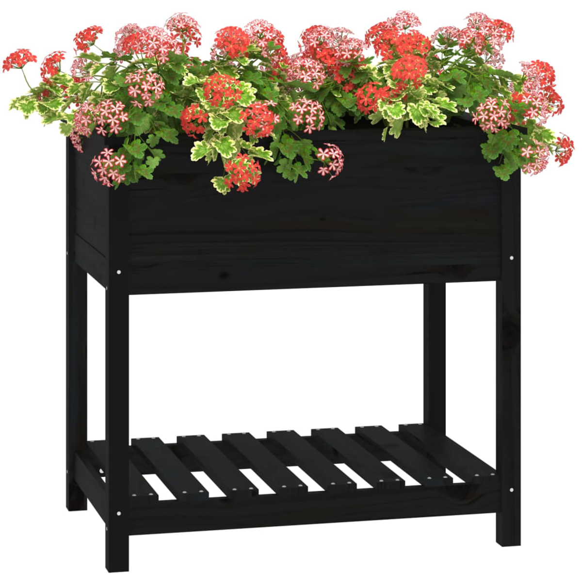 Eine schwarze Holzkiste mit roten und grünen Blumen oben. Der Pflanzer hat unten ein Regal.