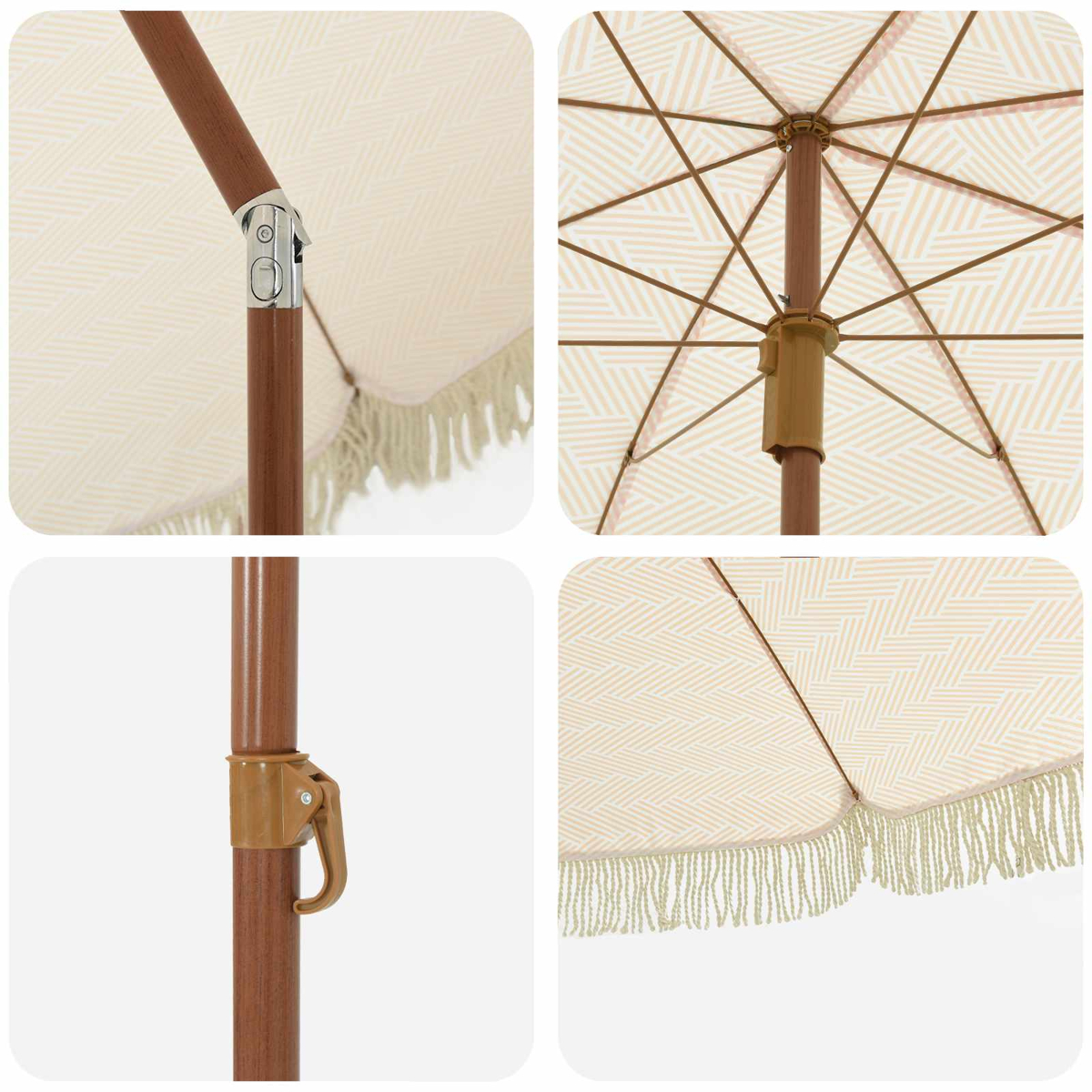 Un ombrellone da patio a fantasia beige e bianco. Ha un palo e un telaio in legno con bordo a frange. Vengono presentati vari primi piani.