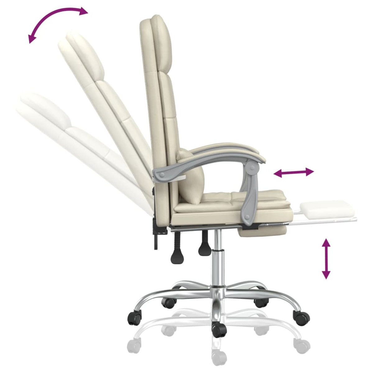 Beiger Bürostuhl mit verstellbarer Rückenlehne, Armlehnen und Fußstütze. Chrombasis mit Rollen. Pfeile zeigen die Verstellrichtungen an.