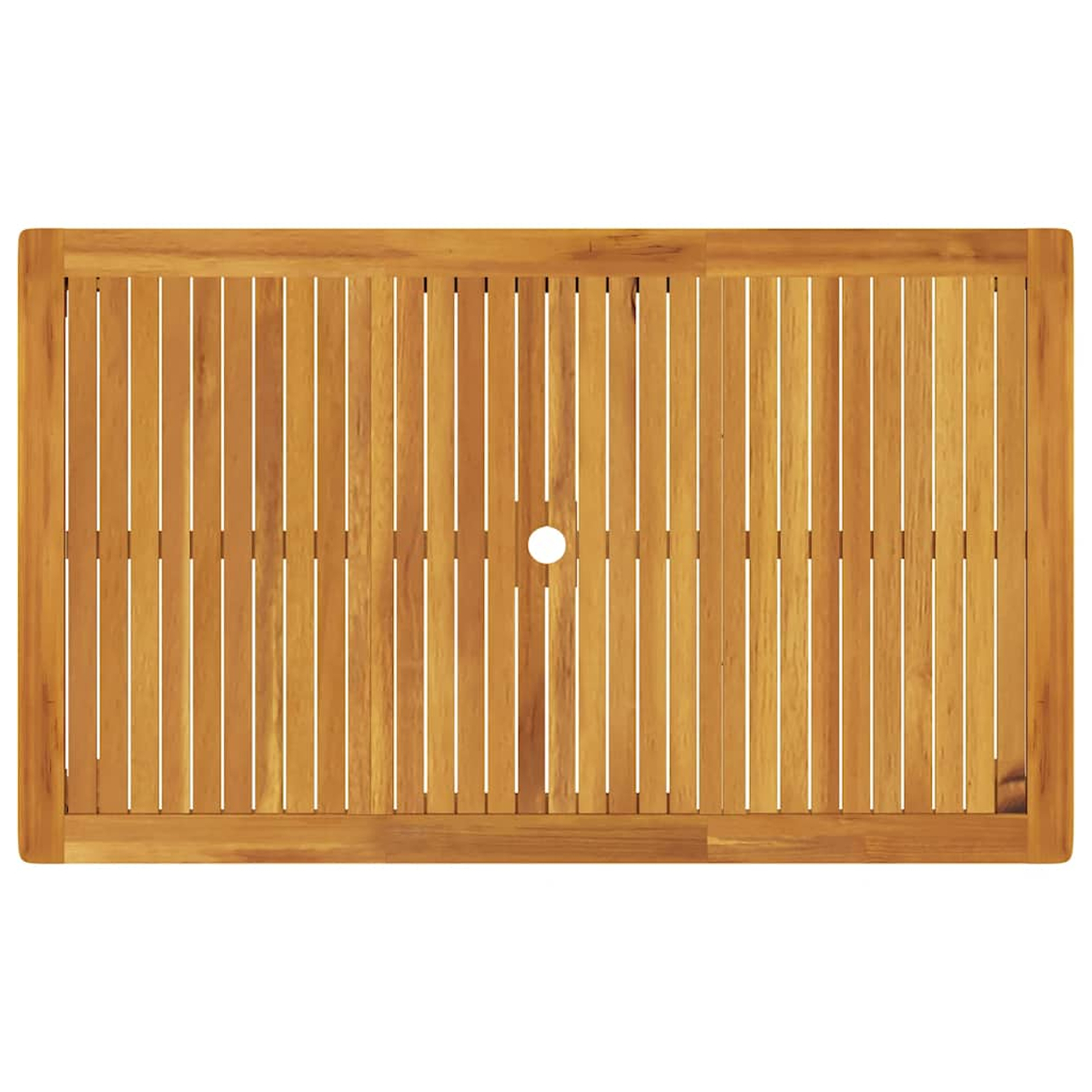 Ein rechteckiger Holztisch mit Lamellenplatte. In der Mitte befindet sich ein rundes Loch. Das Holz ist hellbraun.
