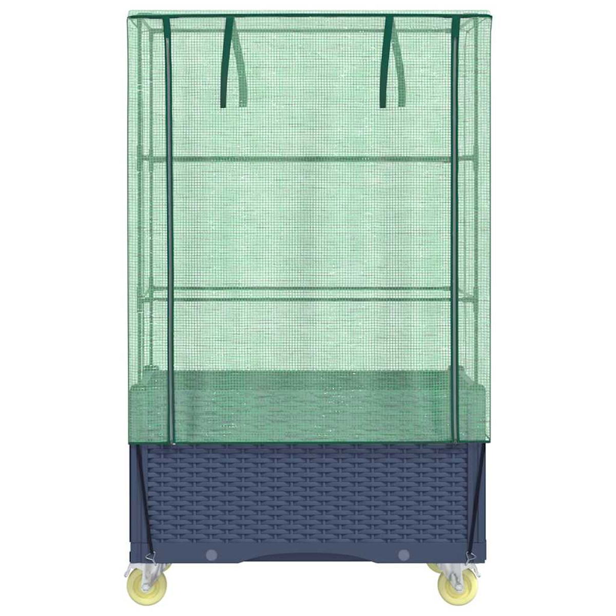 Una serra verde su ruote. Ha ripiani all'interno e una base blu scuro. La copertura è in materiale a rete verde.