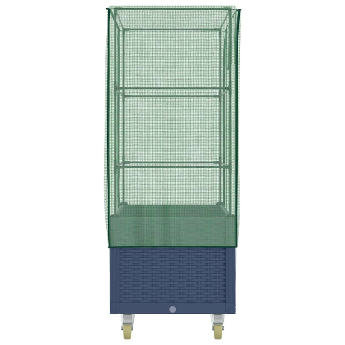 Una copertura per piante in rete verde su una fioriera blu rotante. La fioriera ha un design intrecciato. Il telaio include ripiani.