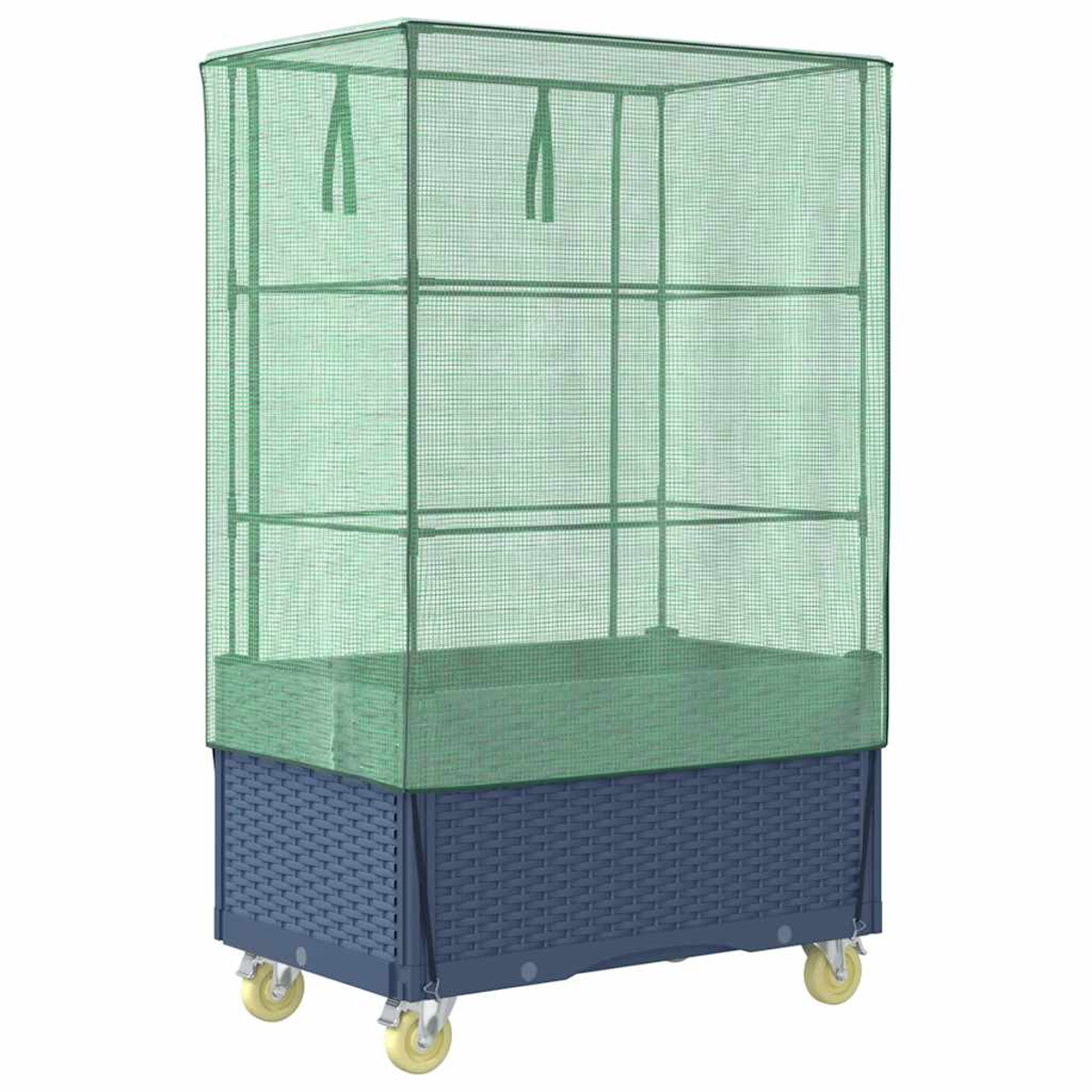 Una serra a rete verde su una base blu con ruote. Ha scaffali all'interno. La parte superiore ha delle cinghie per appendere.