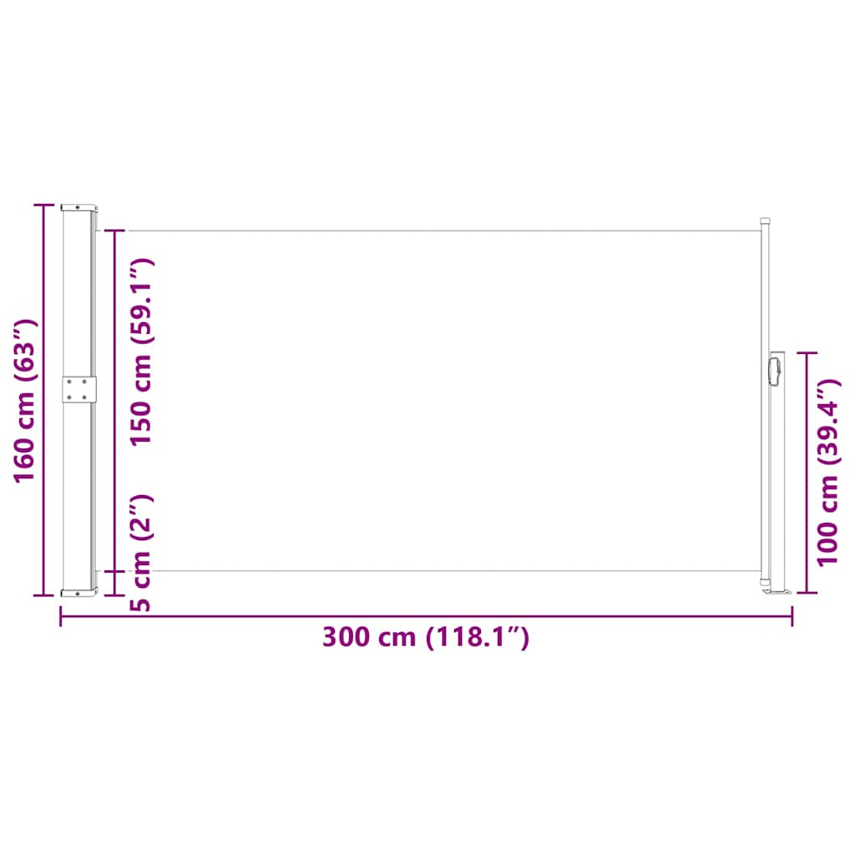 Diagramm einer Struktur mit Abmessungen in cm und Zoll. Es zeigt Höhen-, Breiten- und Tiefenmaße für verschiedene Abschnitte.