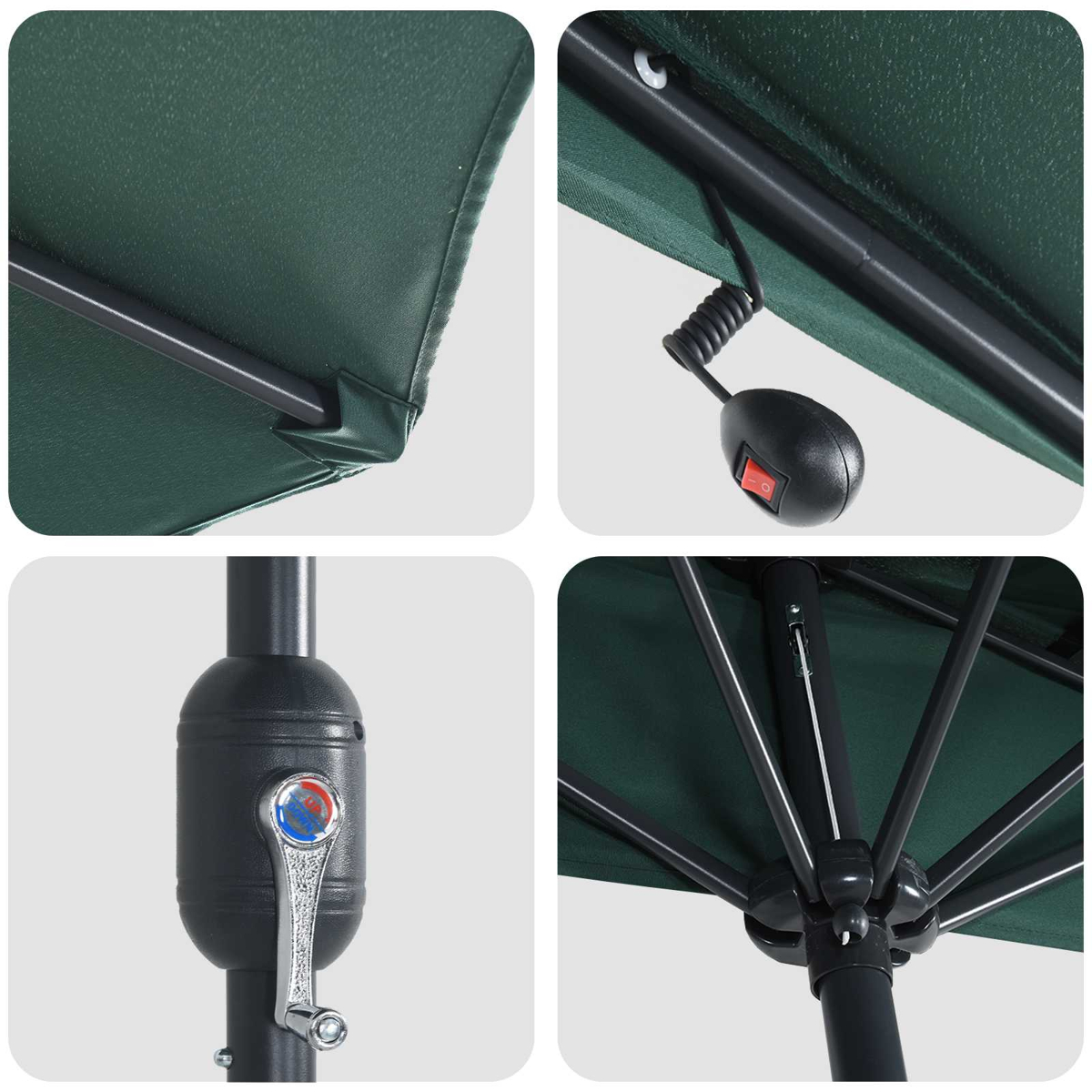 Nahaufnahmen eines grünen Sonnenschirms. Details umfassen Stoff, Rahmen, Kurbel und einen Ein-/Ausschalter.