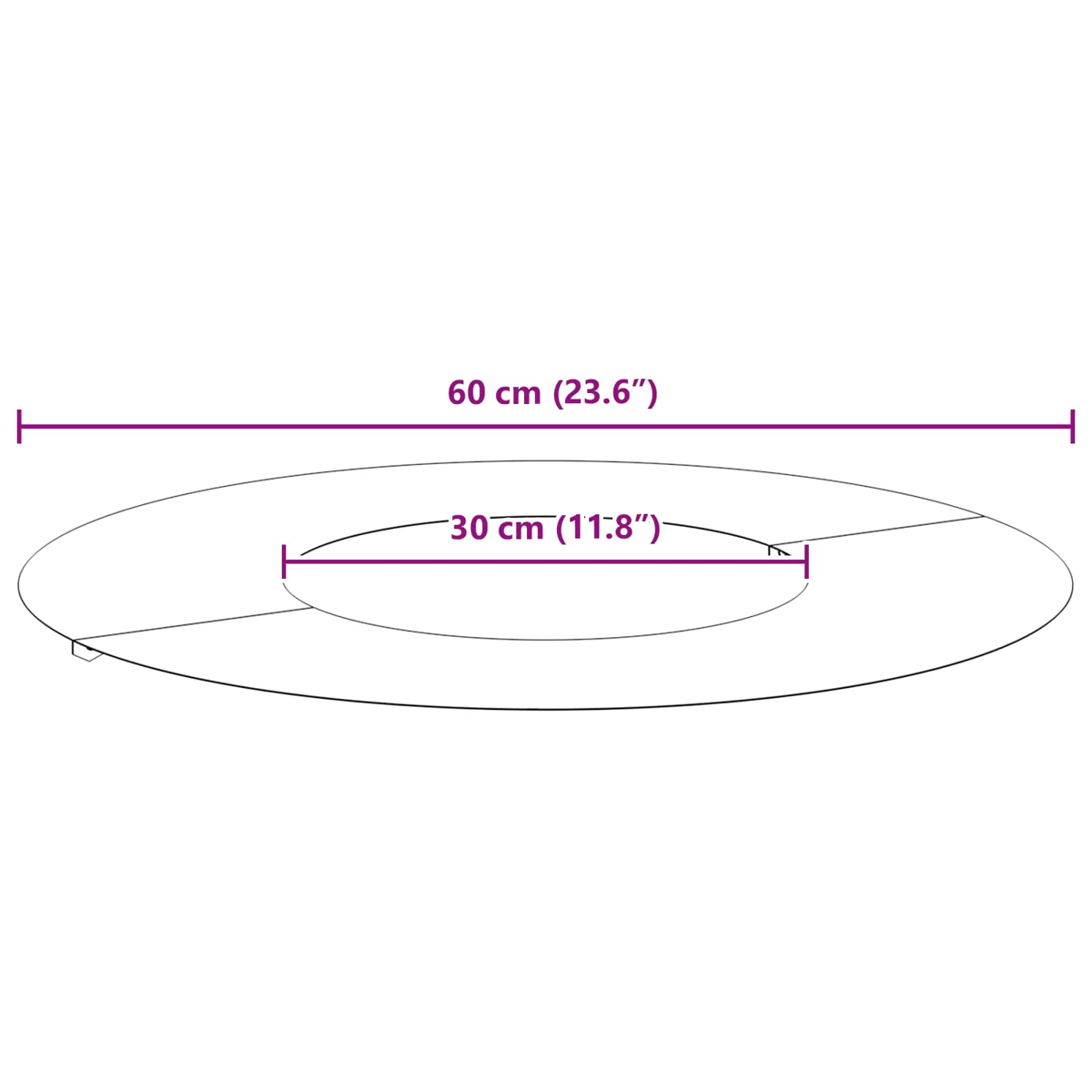 Un'illustrazione con le dimensioni. Un ovale grigio chiaro misura 60 cm e 30 cm. Lo sfondo è bianco.