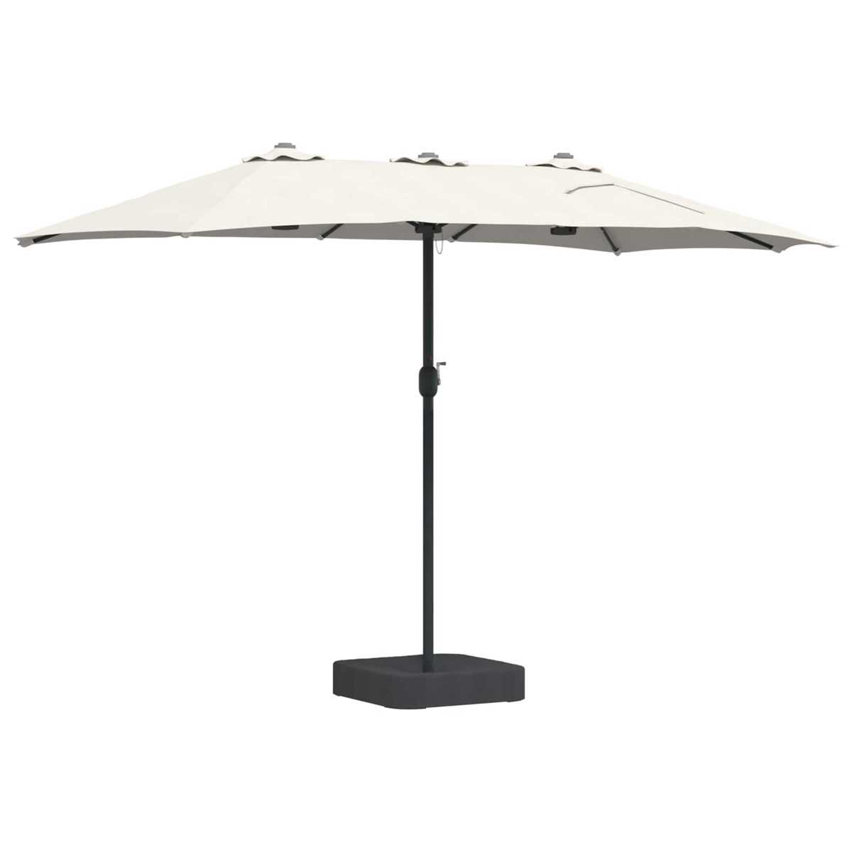 Un grande ombrellone rettangolare color crema, sostenuto da un palo e una base neri, su sfondo bianco.