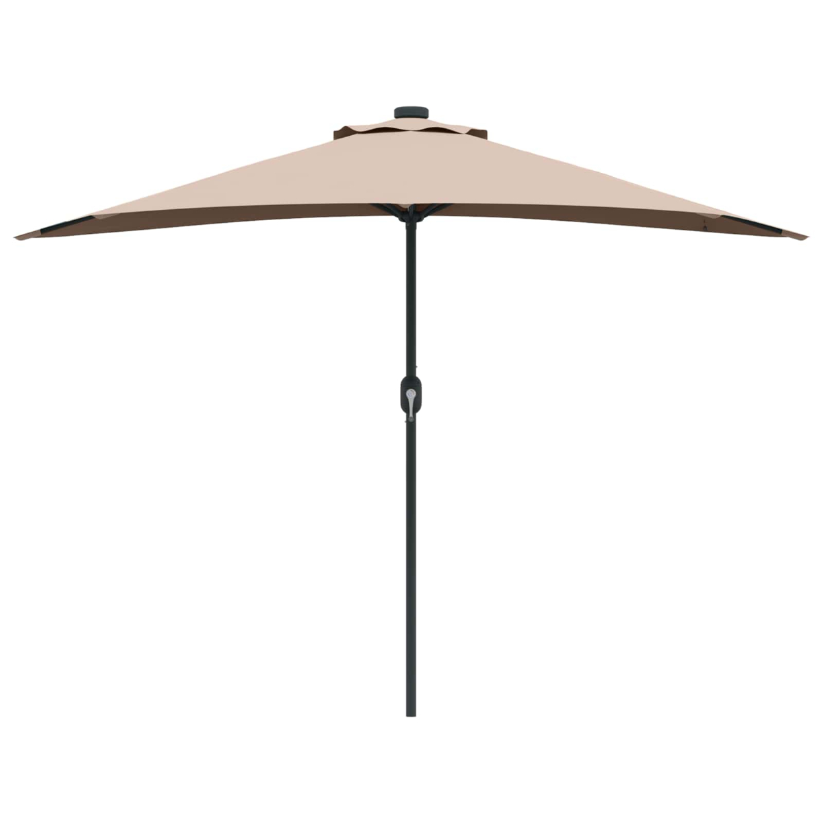 Un ombrellone da patio rettangolare beige è aperto. Ha un palo e un telaio neri, su sfondo bianco.