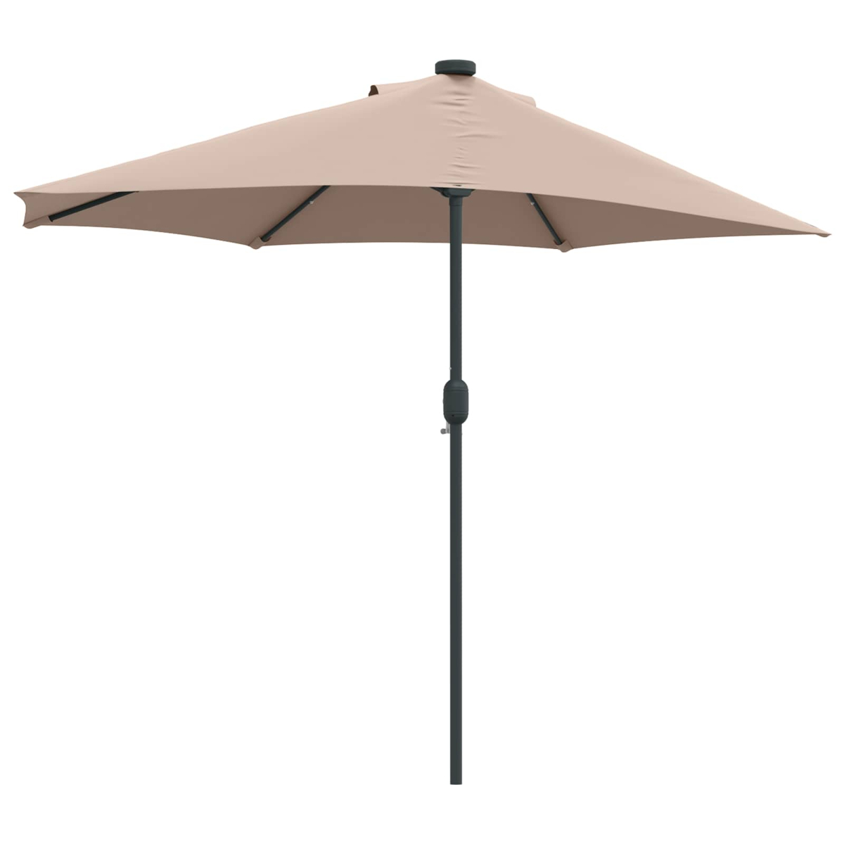 Un ombrellone rettangolare beige è aperto. Il palo è grigio scuro e il tessuto beige. Lo sfondo è bianco.