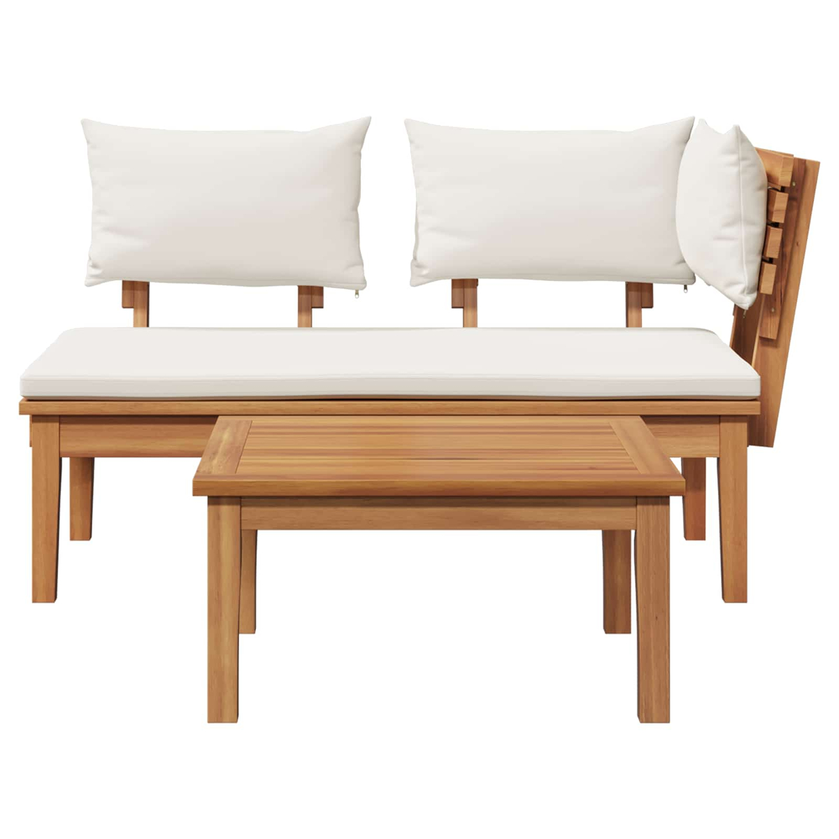 Gartenmöbel-Set aus Holz mit weißen Kissen. Enthält eine Doppelsitzbank und einen kleinen Tisch, alles vor weißem Hintergrund.