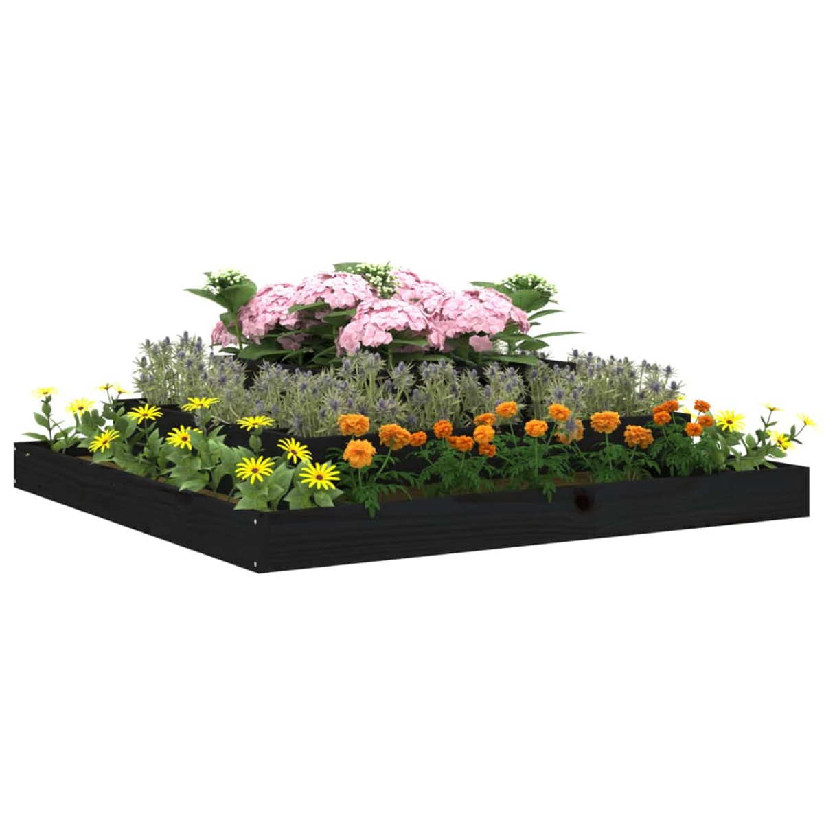Ein mehrstufiger Holzpflanzer gefüllt mit Blumen. Rosa Hortensien, lila Lavendel, orangefarbene Ringelblumen und gelbe Blumen sind sichtbar.