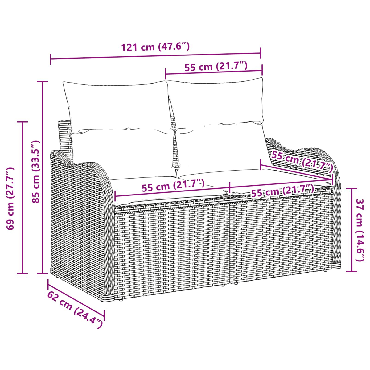 Ein Korbmöbelsofa mit zwei Kissen. Abmessungen: 121 cm breit, 69 cm hoch und 62 cm tief. Enthält Messungen.