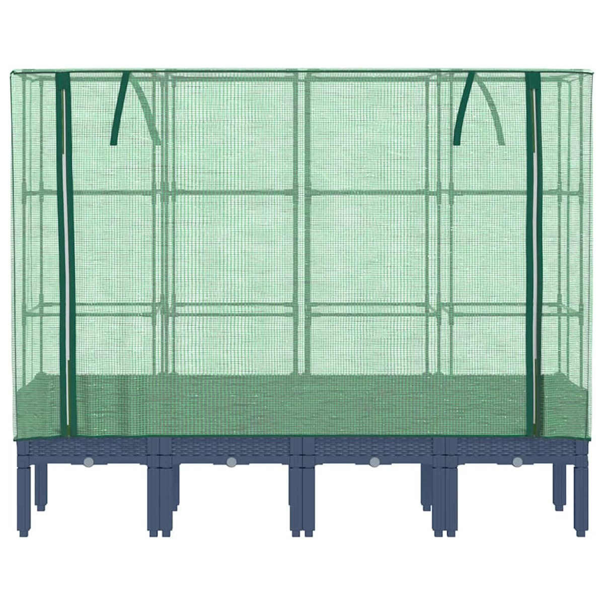 Una serra verde con copertura a rete su base blu scuro con gambe. La struttura ha forma rettangolare e un design semplice.