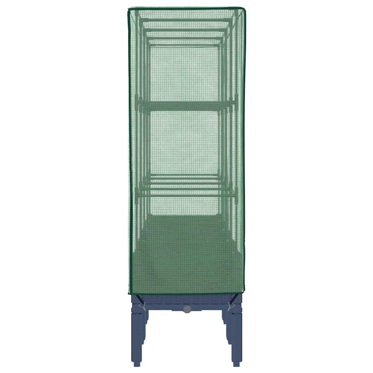 Una scatola verde per la coltivazione delle piante, con una copertura a rete, ha un telaio rettangolare ed è sollevata su gambe blu. È su sfondo bianco.