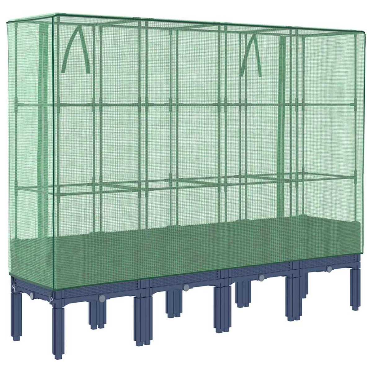 Una serra verde con copertura a rete. Ha una base rettangolare sostenuta da gambe blu. All'interno ci sono ripiani per le piante.