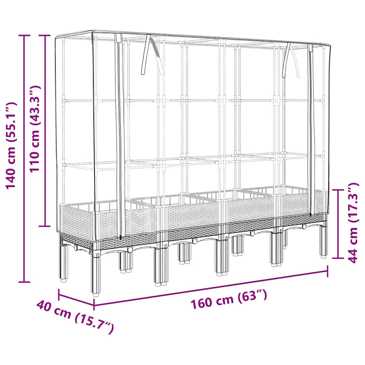 Una serra con dimensioni etichettate. Ha una base in stile rattan e una copertura trasparente. Le misure sono 140x160x40cm e alta 44cm.