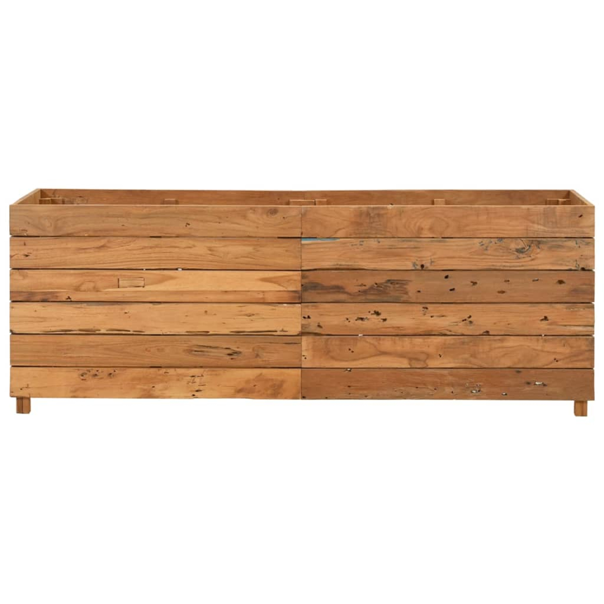 Eine rechteckige Holzkonstruktion aus horizontalen Brettern. Es ist hellbraun mit sichtbarer Holzmaserung und ein paar kleinen Beinen.