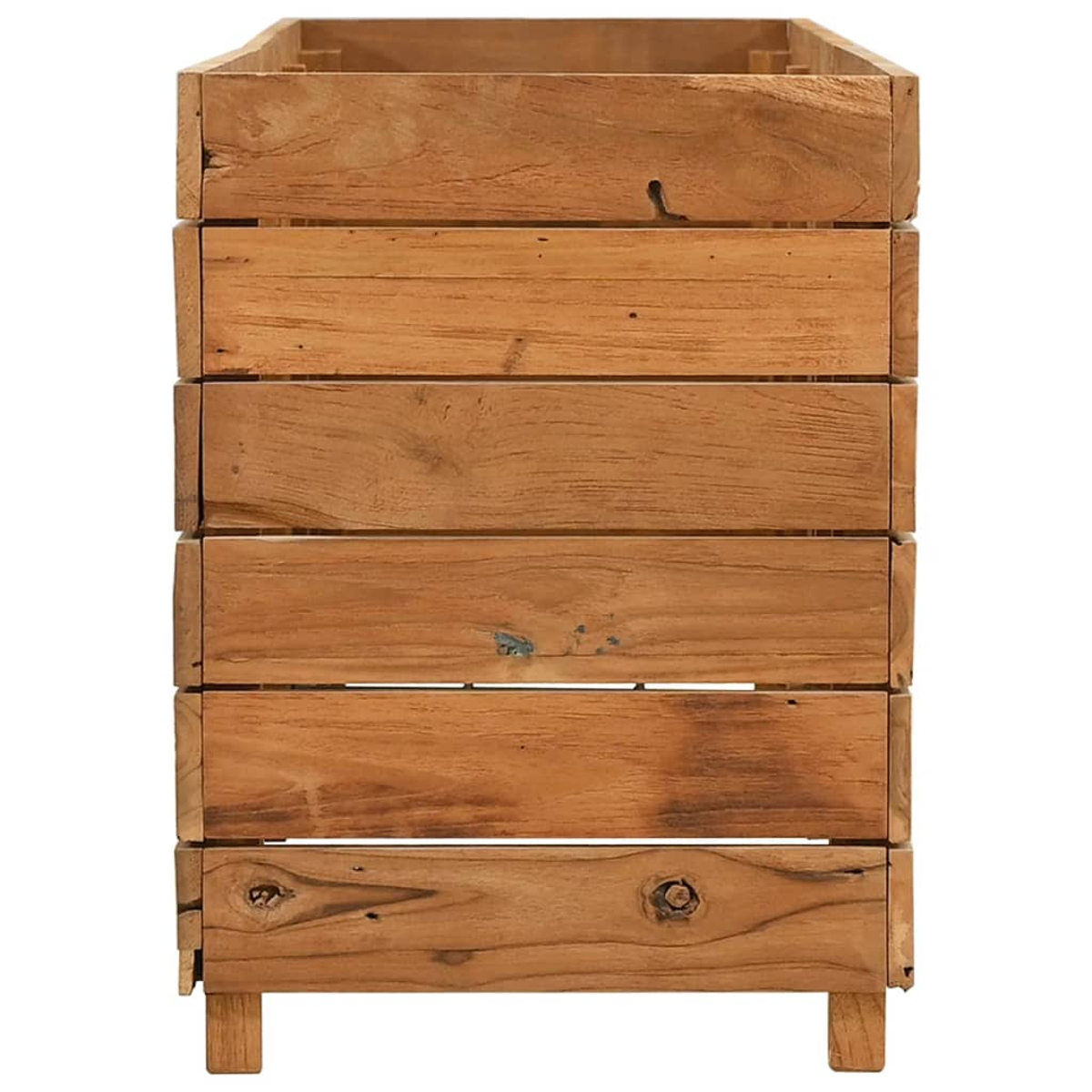 Eine Holzkiste mit mehreren horizontalen Holzlatten. Die Kiste ist leer und hat kleine Holzfüße.