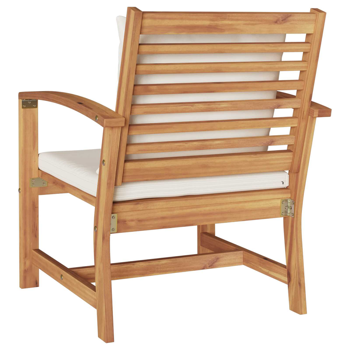 Silla de madera con cojín blanco. El respaldo tiene listones horizontales de madera. El asiento también tiene un cojín blanco.