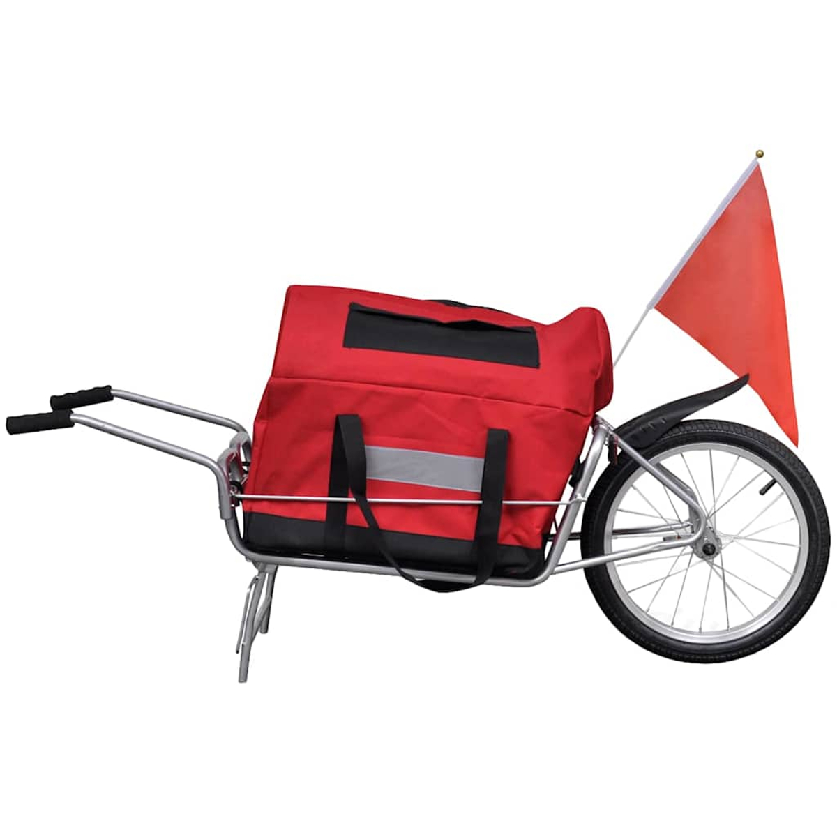 Ein roter Lieferwagen mit Flagge. Er hat eine große rote Tasche, einen schwarzen Streifen und einen Reflexstreifen.