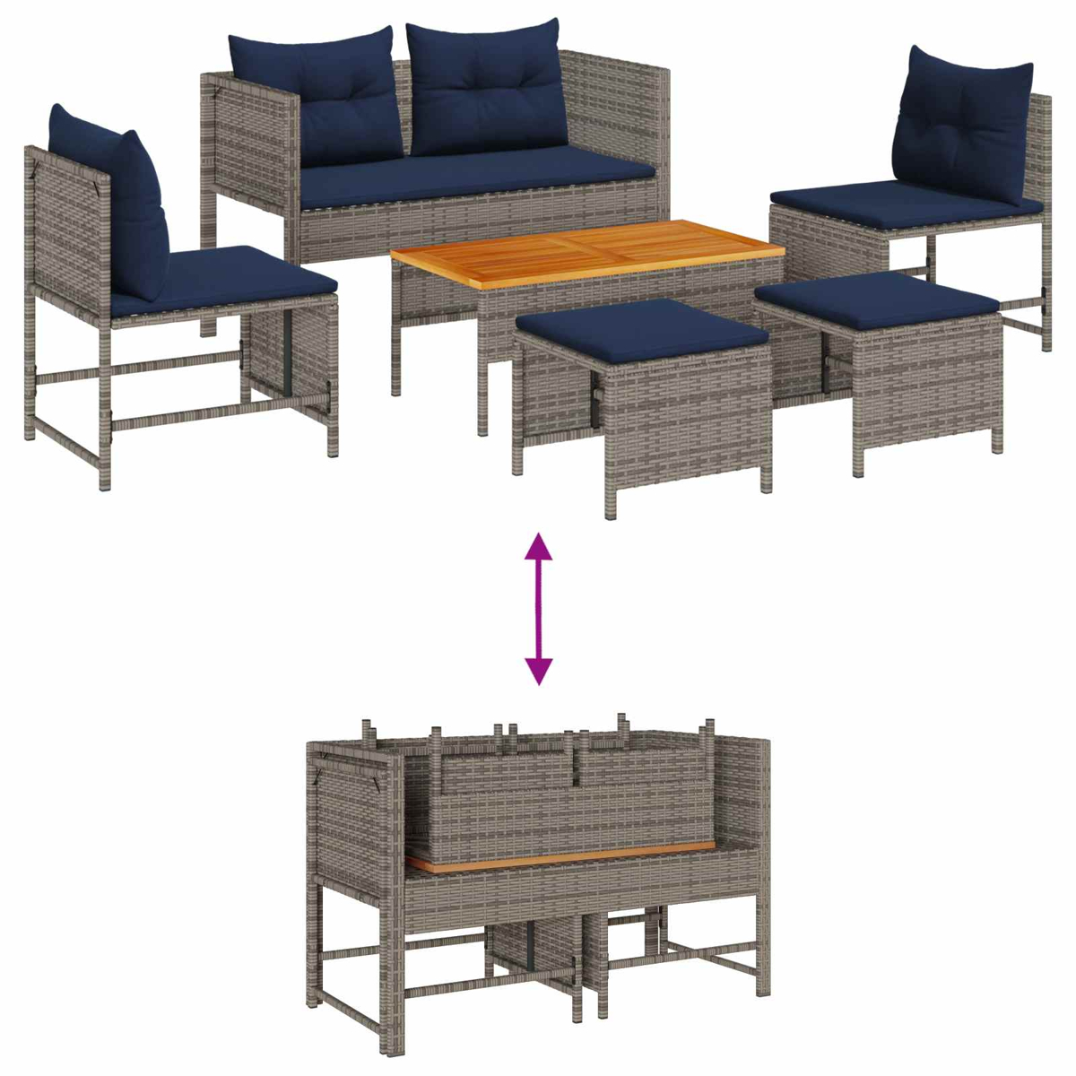 Gartenmöbel-Set aus Korbgeflecht mit Kissen. Enthält ein Sofa, zwei Stühle, einen Tisch und zwei Fußhocker. Dunkelblaue Kissen.