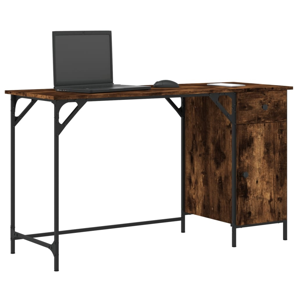 Ein brauner Schreibtisch mit schwarzen Metallbeinen. Ein Laptop, eine Maus und Papier liegen oben. Rechts befinden sich eine Schublade und ein Schrank.