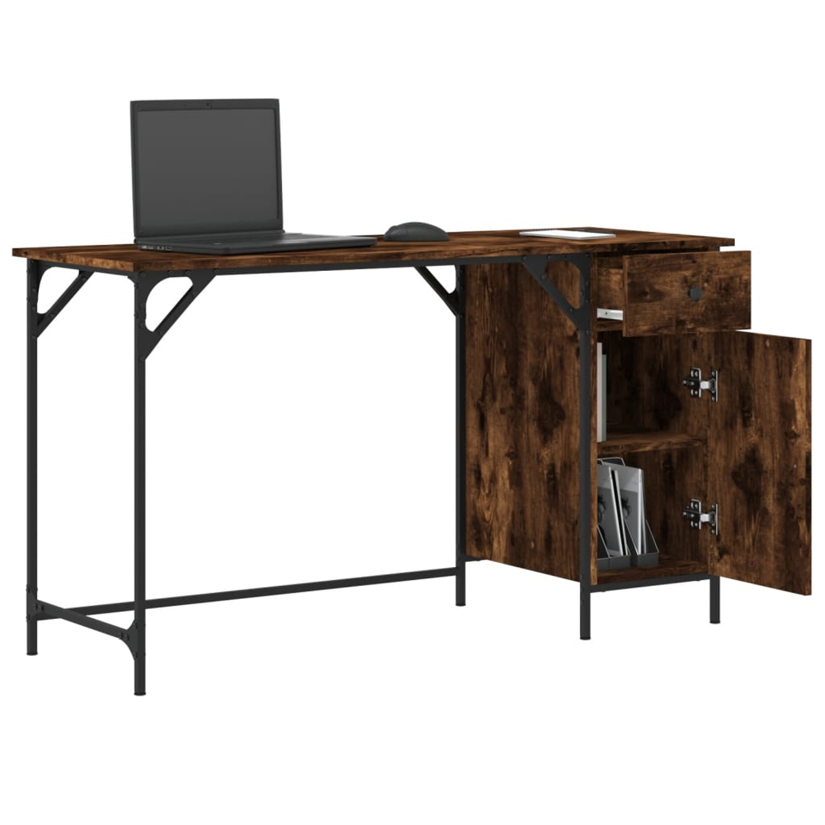 Ein brauner Holzschreibtisch mit Laptop, Maus und Schrank. Die Schranktür ist geöffnet und zeigt Regale und Gegenstände.