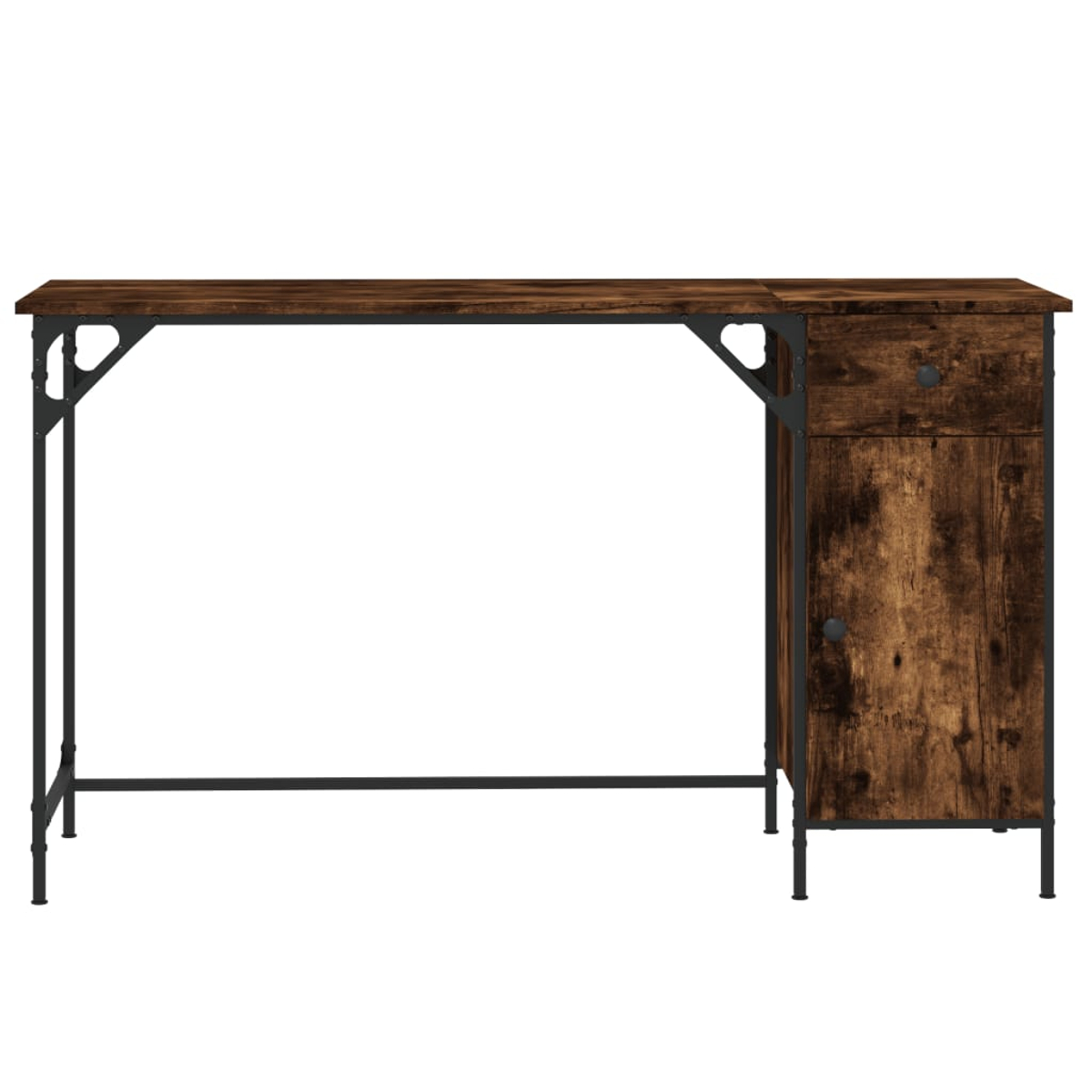 Ein rustikaler Holzschreibtisch mit schwarzem Metallrahmen. Er hat eine Schublade, einen Schrank und eine Holzplatte.