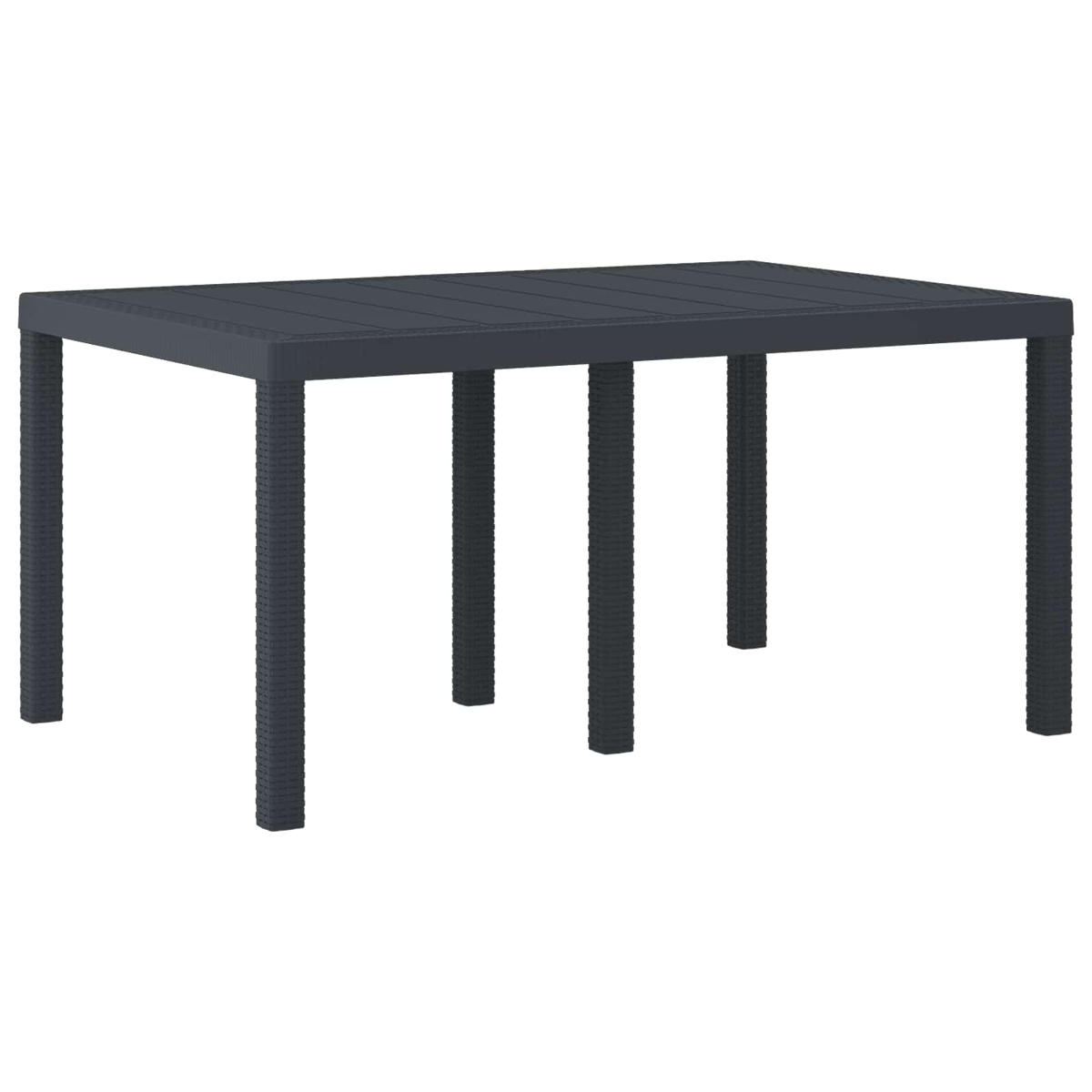 Una mesa rectangular gris oscuro con cuatro patas. La tapa tiene una superficie acanalada. Las patas tienen una textura tejida.