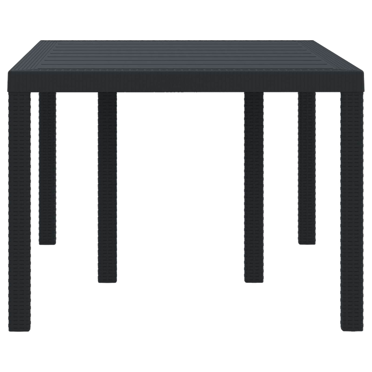 Una mesa cuadrada gris oscuro con cuatro patas. La mesa es de plástico y está sobre un fondo blanco.