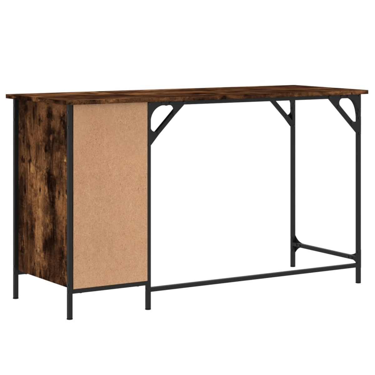 Ein brauner und schwarzer Konsolentisch. Der Tisch hat eine Holzmaserung auf der Oberseite und an den Seiten mit schwarzen Metallbeinen und -stützen.