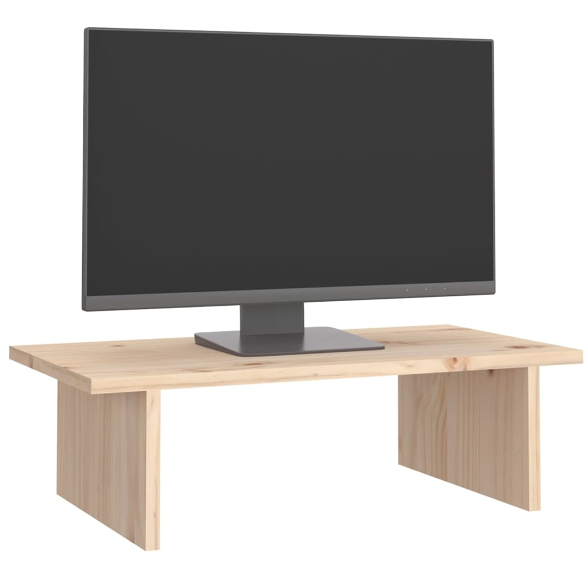 Ein Computermonitor steht auf einem Holzschreibtisch. Der Bildschirm ist schwarz, der Schreibtisch hellbraun. Der Hintergrund ist weiß.