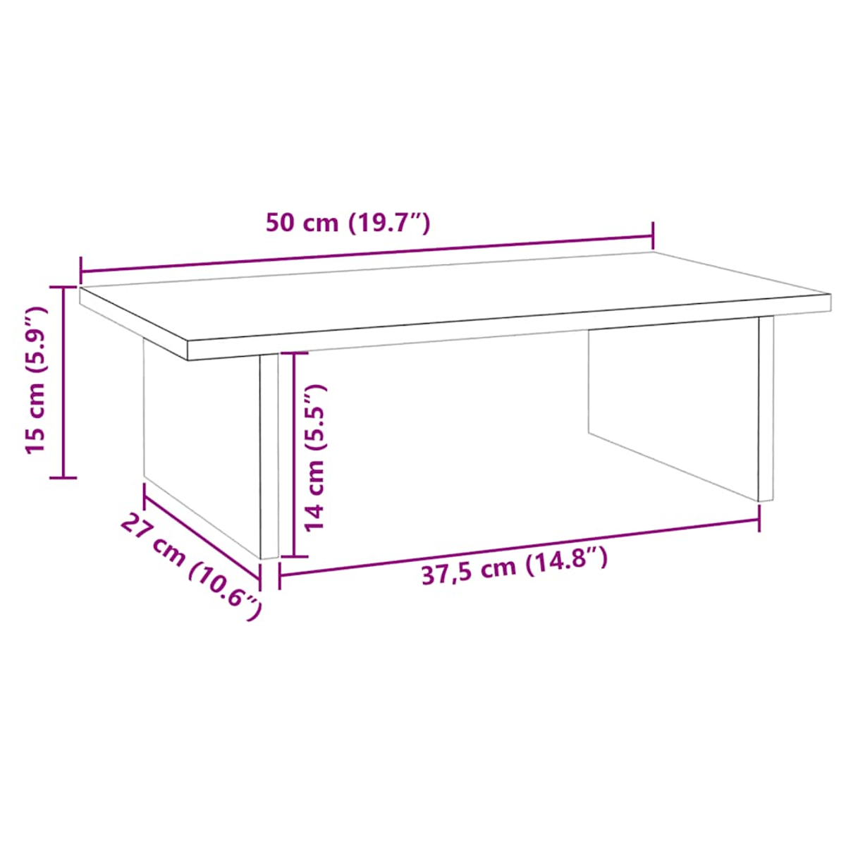 Diagramm eines rechteckigen Tisches mit Maßangaben in cm und Zoll.