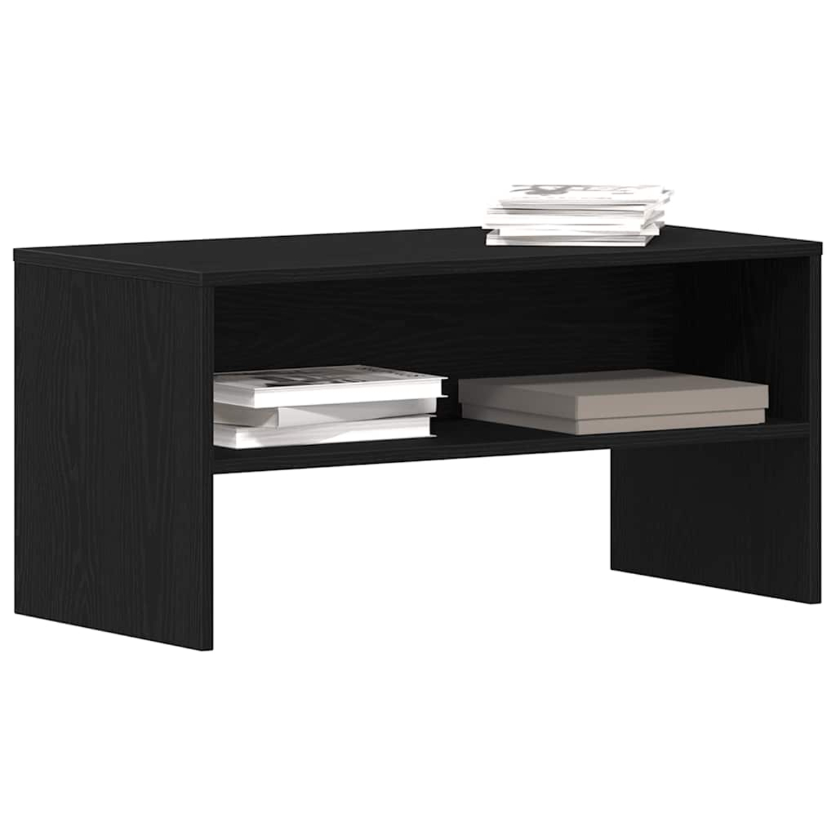Estante de madera negra con dos niveles. Libros y una caja en los estantes. Fondo blanco.