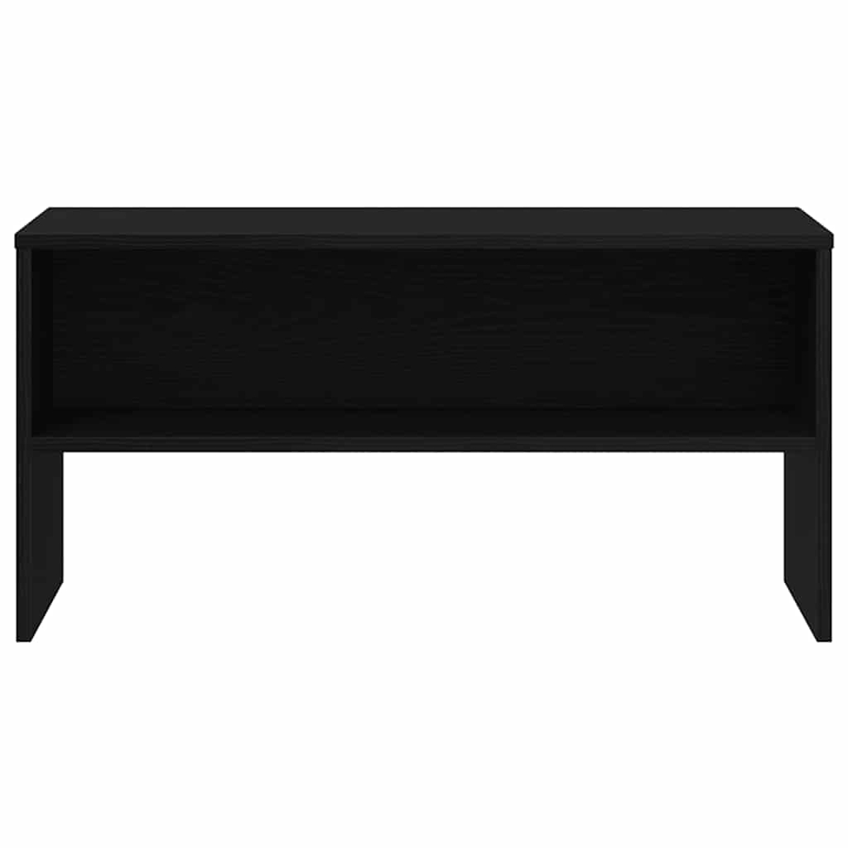 Un escritorio rectangular negro con centro hueco y dos patas. La superficie y las patas son sólidas, con vetas de madera visibles.
