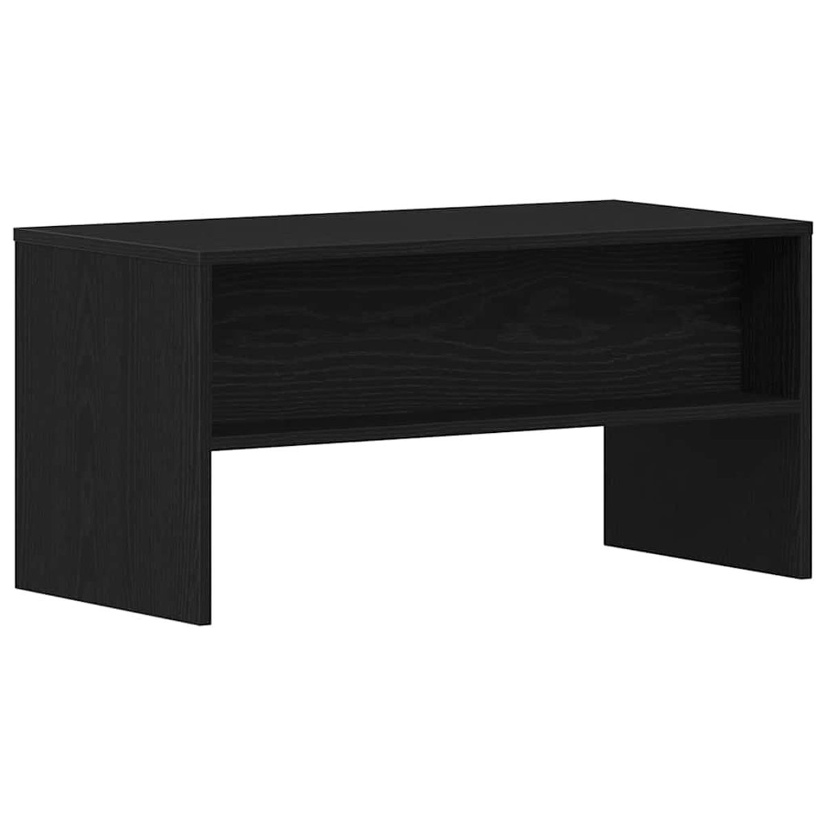 Un escritorio de madera negra con dos compartimentos abiertos. El escritorio tiene forma rectangular y un diseño simple.