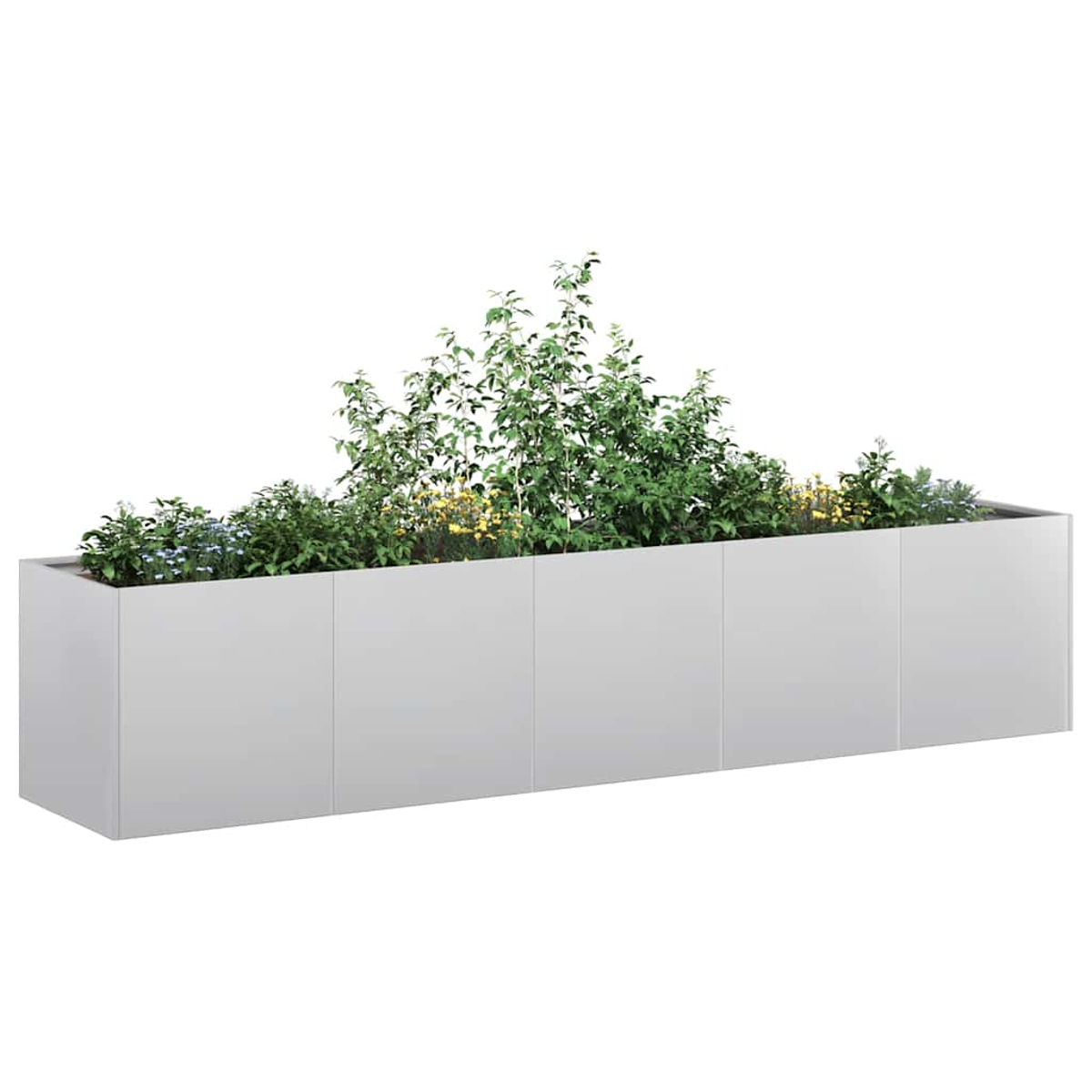 Ein rechteckiger, weißer Pflanzkasten mit grünen Pflanzen und kleinen bunten Blumen vor weißem Hintergrund.