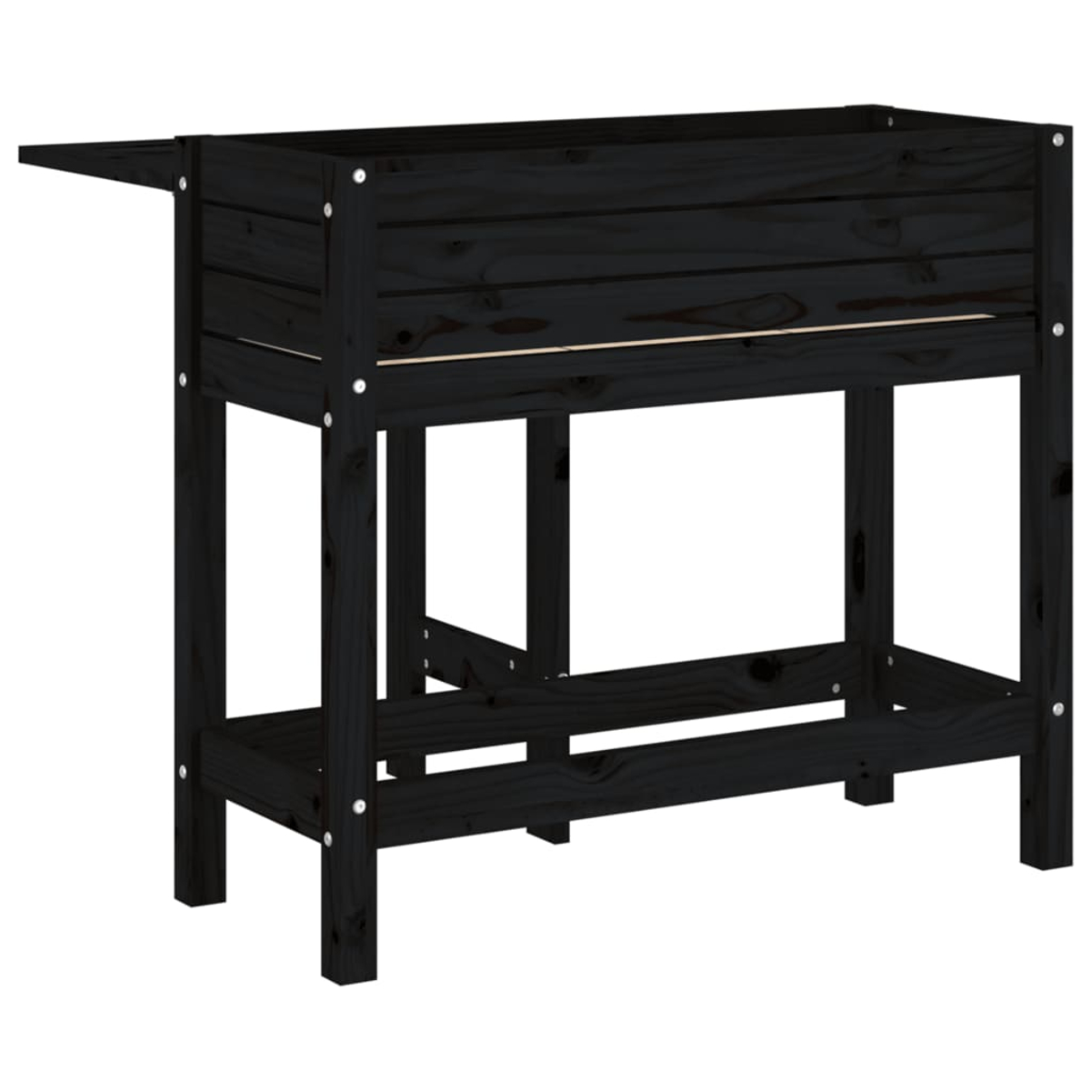Eine schwarze Holzpflanzkasten mit Beinen und einer kleinen seitlichen Verlängerung. Die Box hat eine rechteckige Form und ist leer.