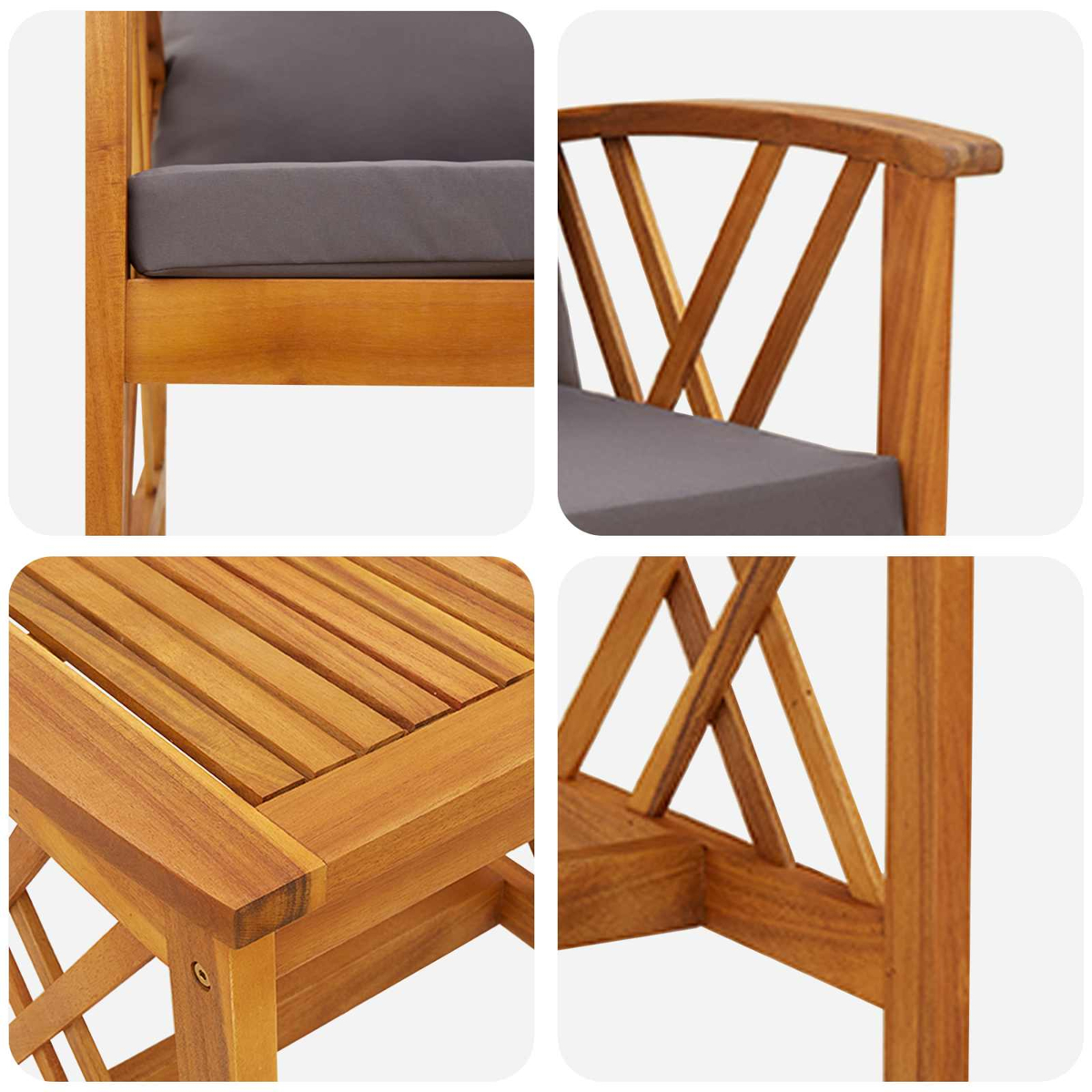 Holzstuhl mit grauem Kissen und Tisch, Nahaufnahmedetails. Stuhl hat eine X-förmige Rückenlehne. Tisch hat Holzlatten.