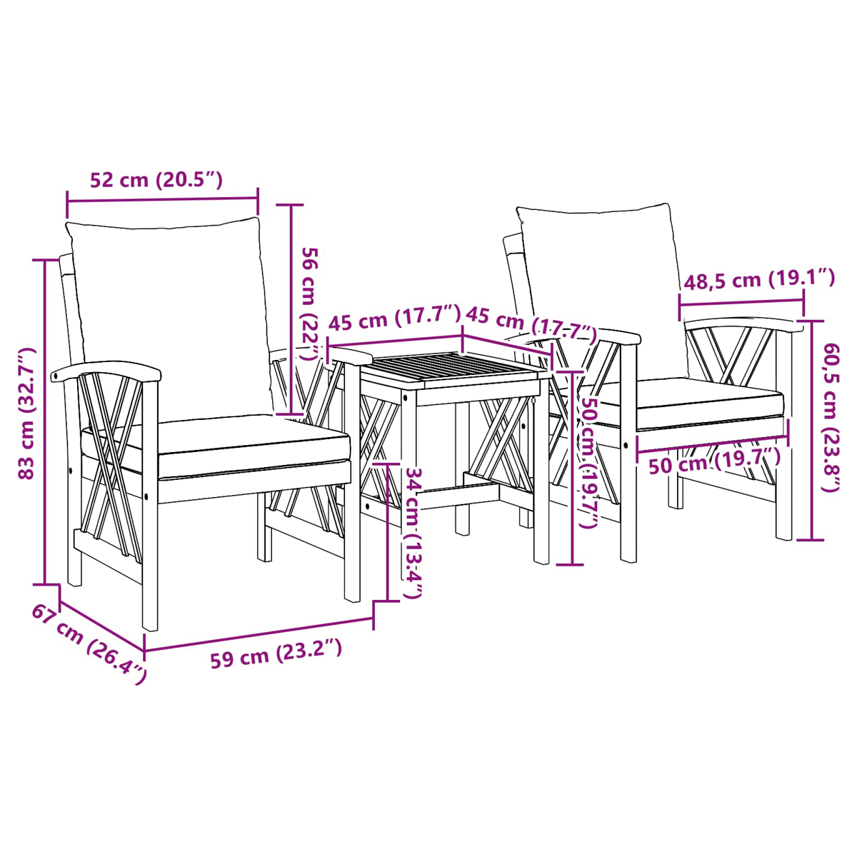 Diagramm von zwei Holzsesseln und einem kleinen Tisch, mit Maßen in Zentimetern und Zoll.