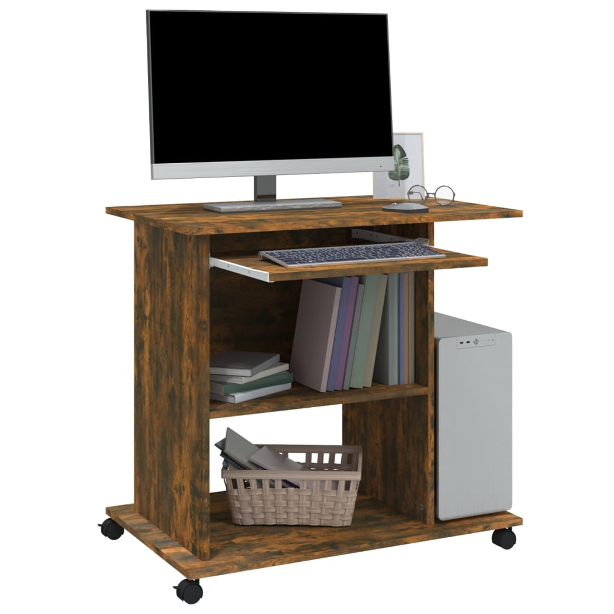 Ein Computertisch mit Monitor, Tastatur, Büchern und einem Computer-Tower. Er hat Holzregale und Rollen.