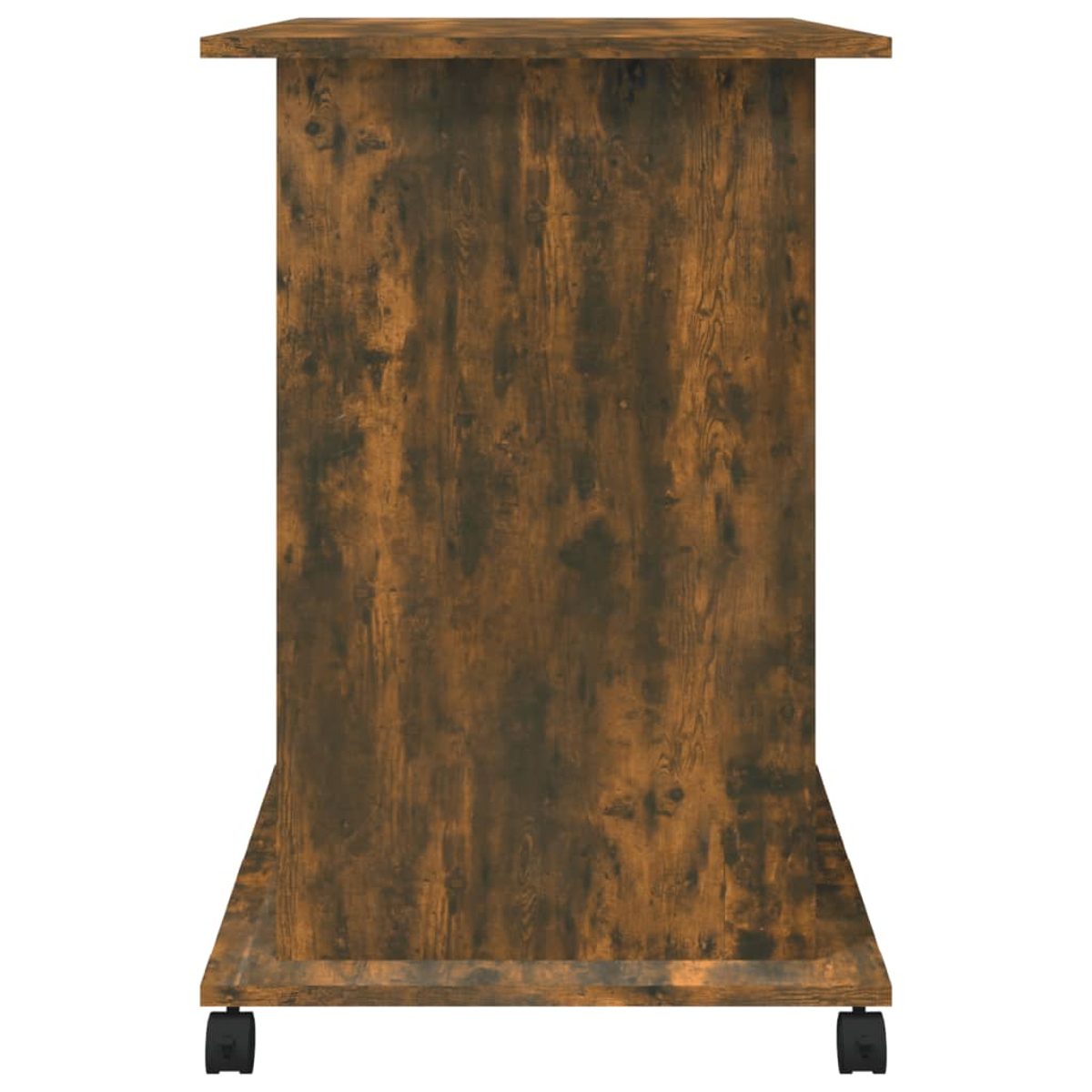 Ein brauner Holzschrank auf Rädern. Er hat eine rechteckige Form mit sichtbarer Holzmaserung und einer dunkelbraunen Farbe.