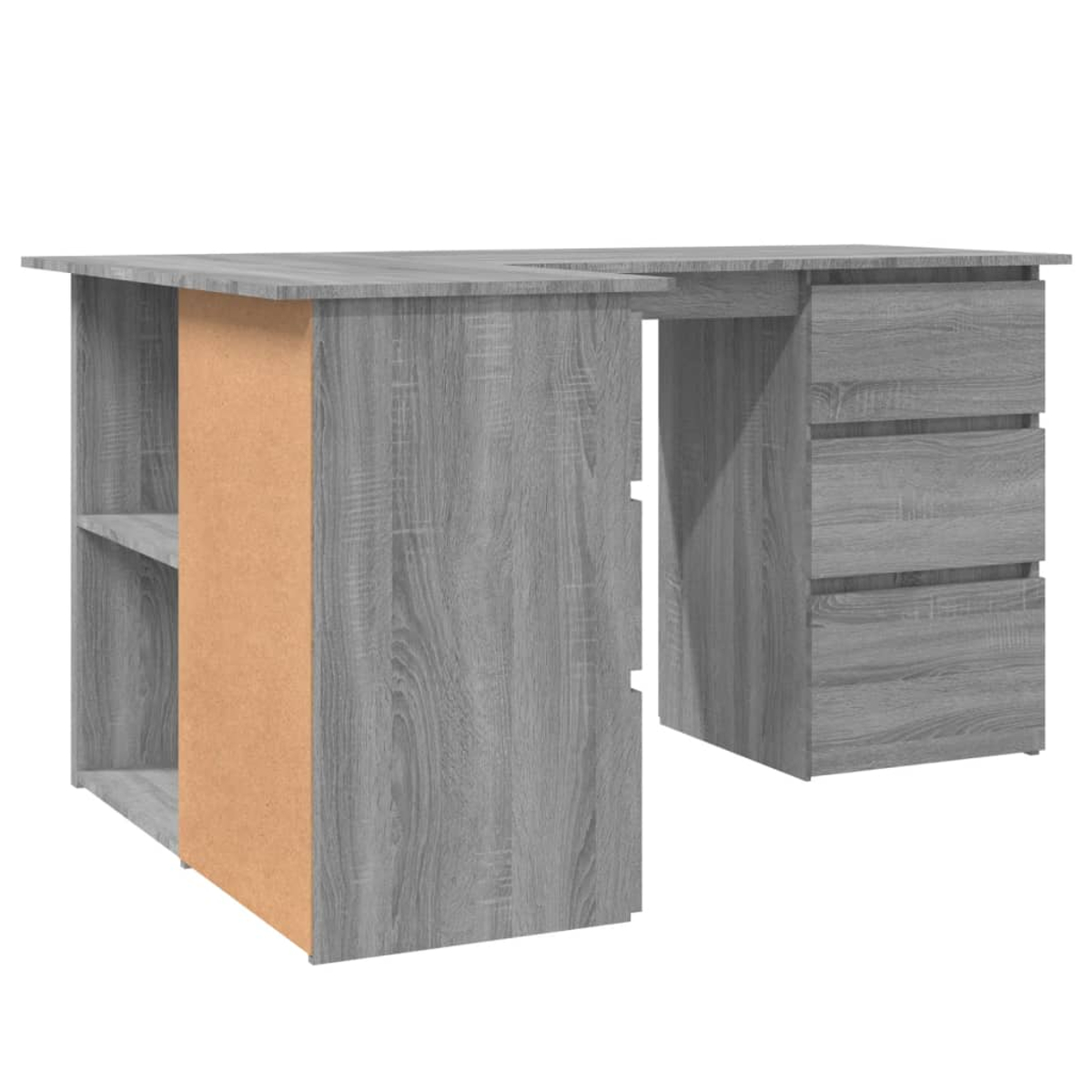 Ein grauer Holzschreibtisch mit drei Schubladen und offenen Regalen wird gezeigt. Er hat eine Holzmaserung mit einem hellbraunen Träger.