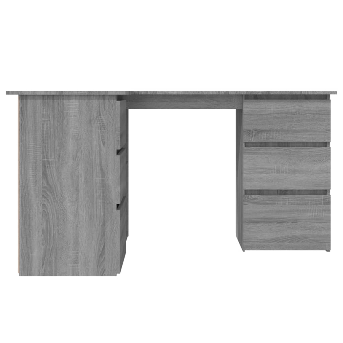 Ein grauer Holzschreibtisch mit Schubladen auf der rechten und linken Seite und offenem Raum in der Mitte. Die Holzmaserung ist sichtbar.
