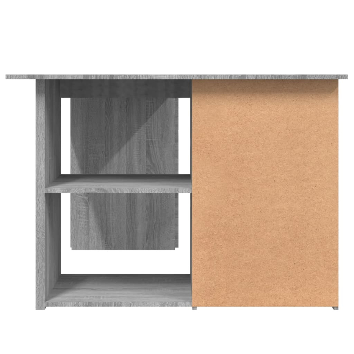 Ein grauer Holzschrank mit Regalen links und einer braunen Platte rechts. Der Schrank hat ein schlichtes Design.