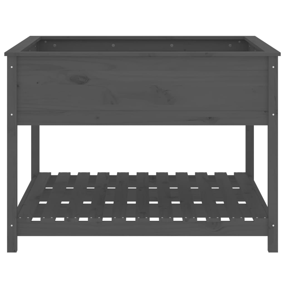 Ein grauer Holzpflanzer mit einem Lattenboden. Der Pflanzer hat eine rechteckige Form und ist leer.