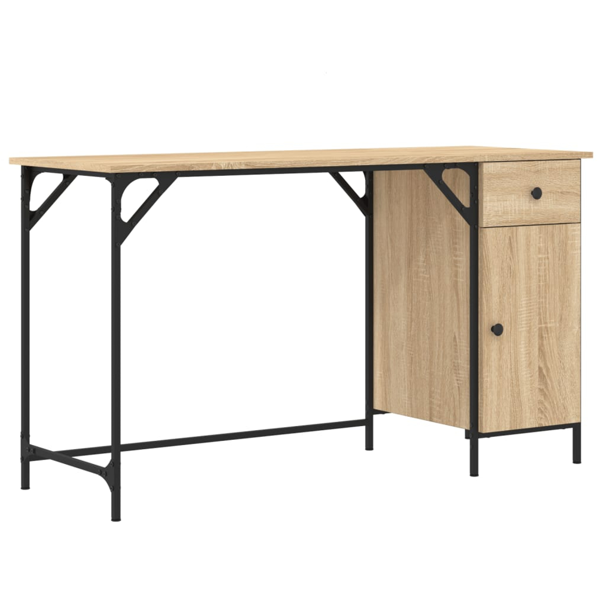 Ein Schreibtisch mit hellbrauner Holzplatte und Schrank, schwarzem Metallrahmen. Er hat eine Schublade und eine Tür. Der Hintergrund ist weiß.