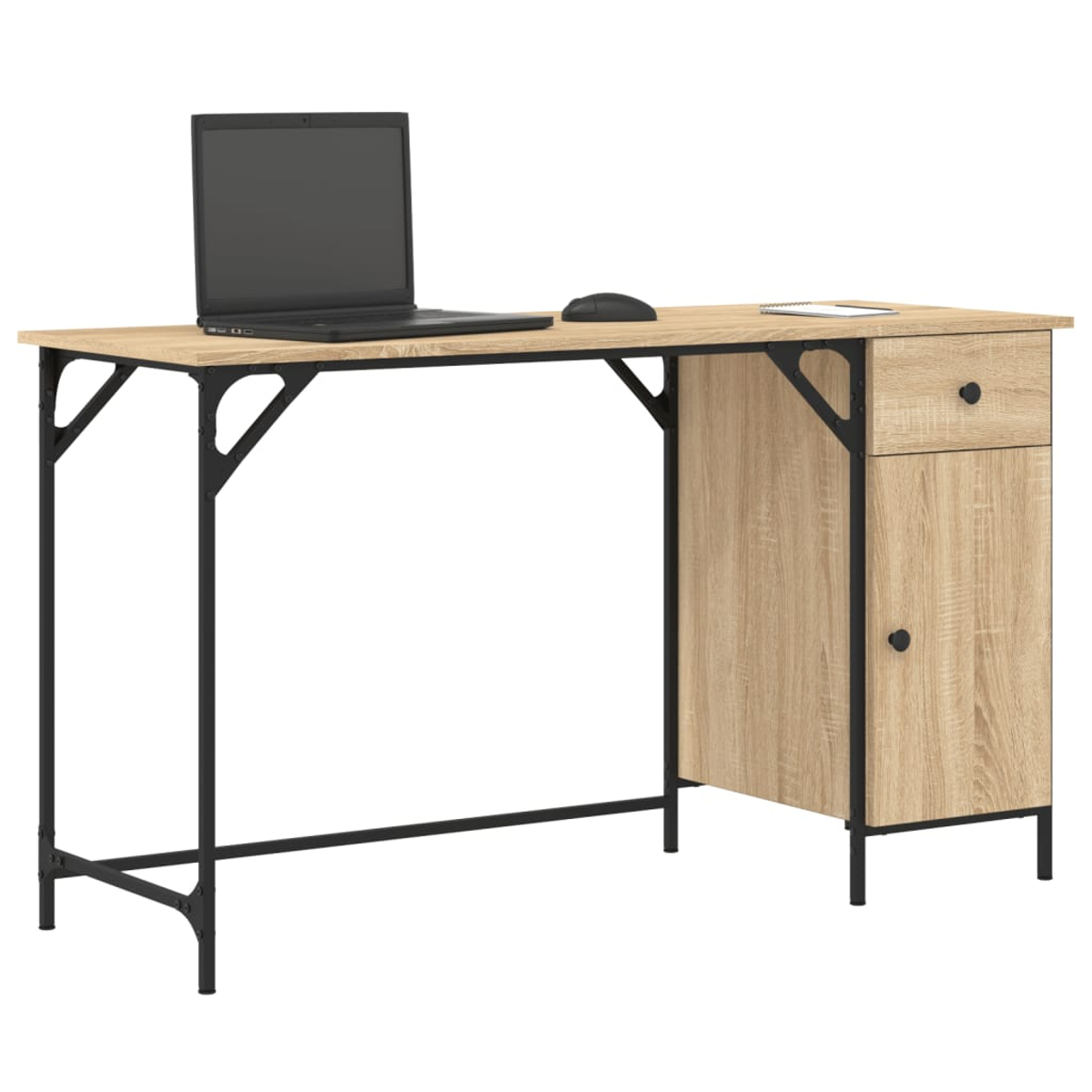 Ein Schreibtisch mit Laptop, Maus und Notizbuch. Er hat eine helle Holzplatte und schwarze Metallbeine und einen Rahmen mit Schrank.