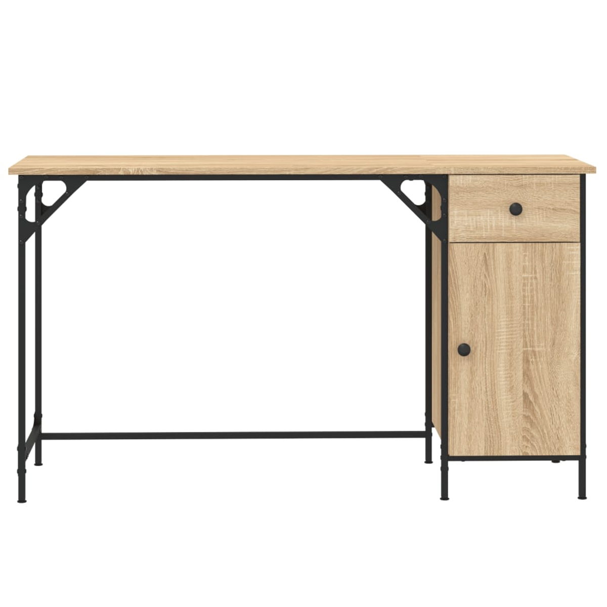 Ein heller Holzschreibtisch mit schwarzem Metallrahmen. Er hat eine Schublade und einen Schrank auf der rechten Seite.