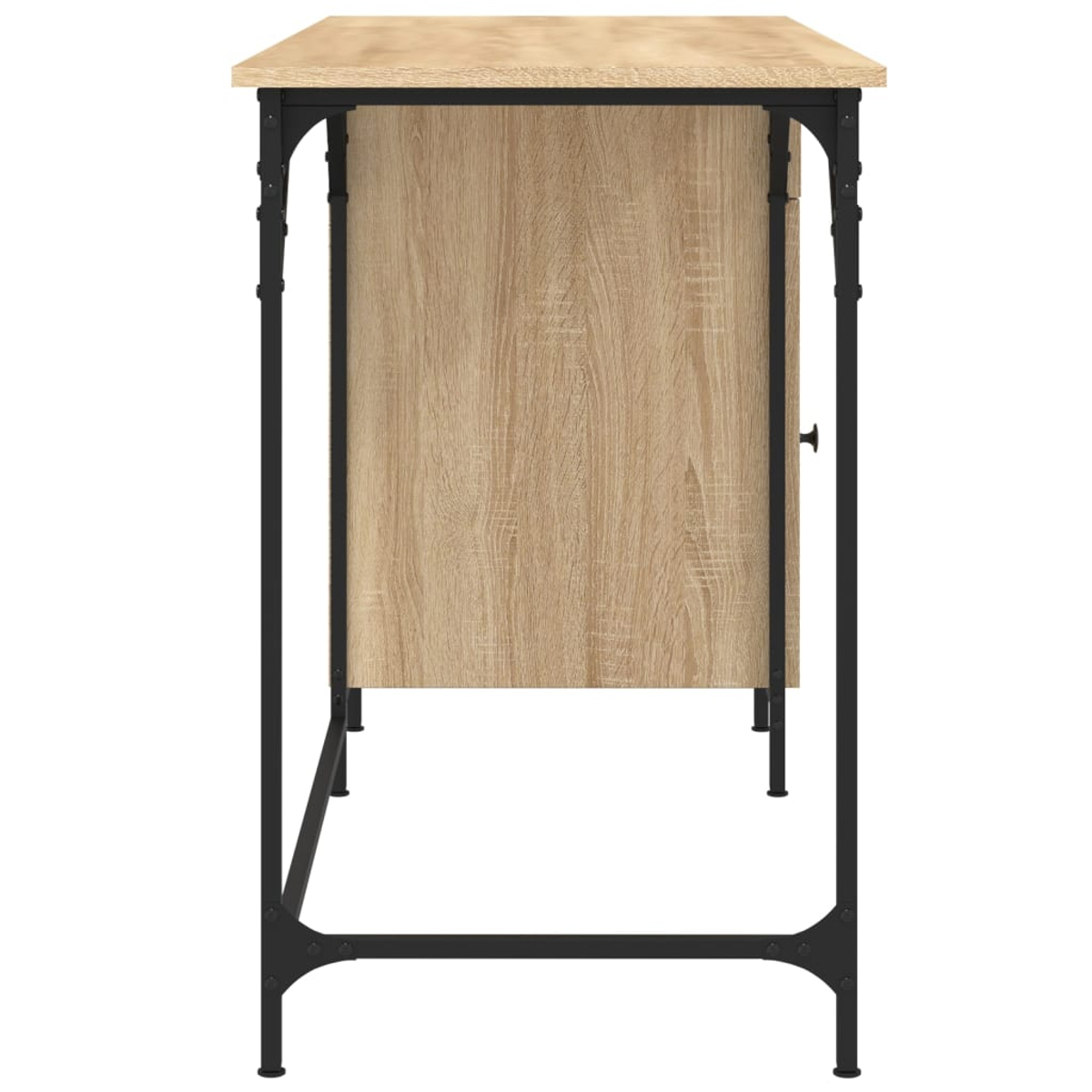Ein Schreibtisch mit hellbrauner Holzplatte und Schrank. Schwarze Metallbeine tragen den Tisch. Die Schranktür hat einen kleinen Griff.